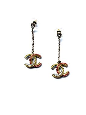 CHANEL CC Drop Multicolor Light Gold Strass Earrings